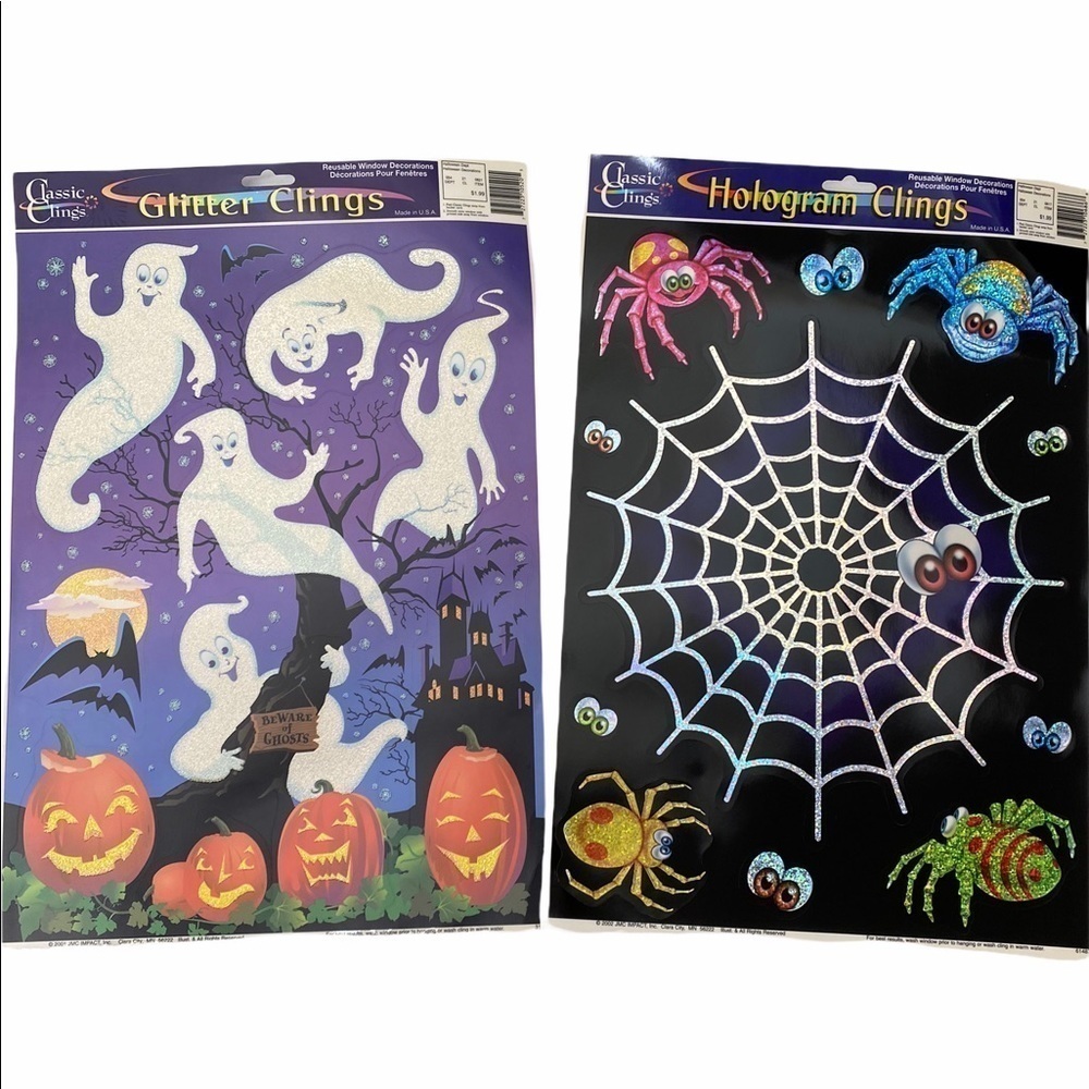 Vintage JMC Halloween Glitter Hologram Window Clings Decorations 2 Sheets